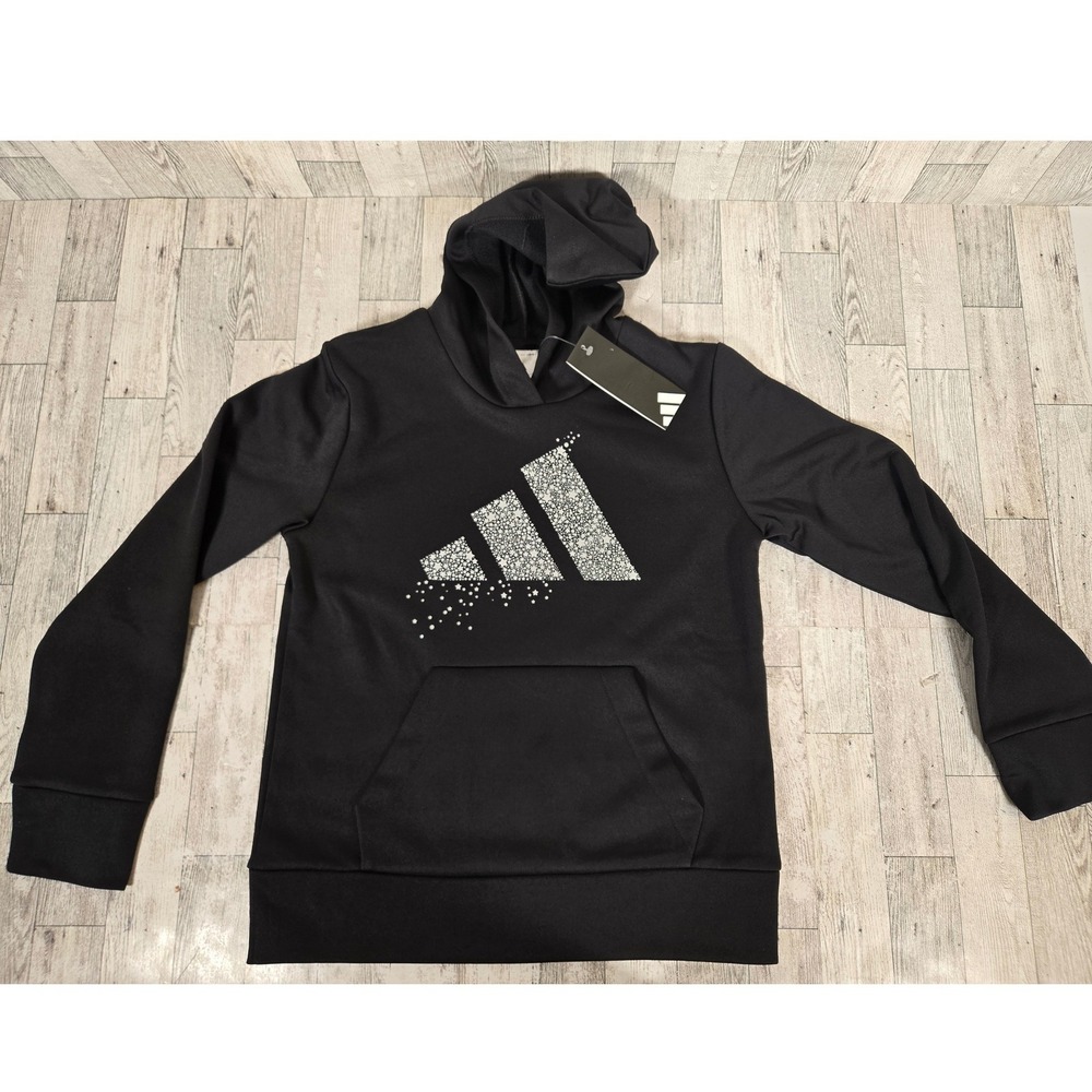 Adidas Girls Black Silver Star Logo Hoodie Sweatshirt AA10504 Size S 7/8